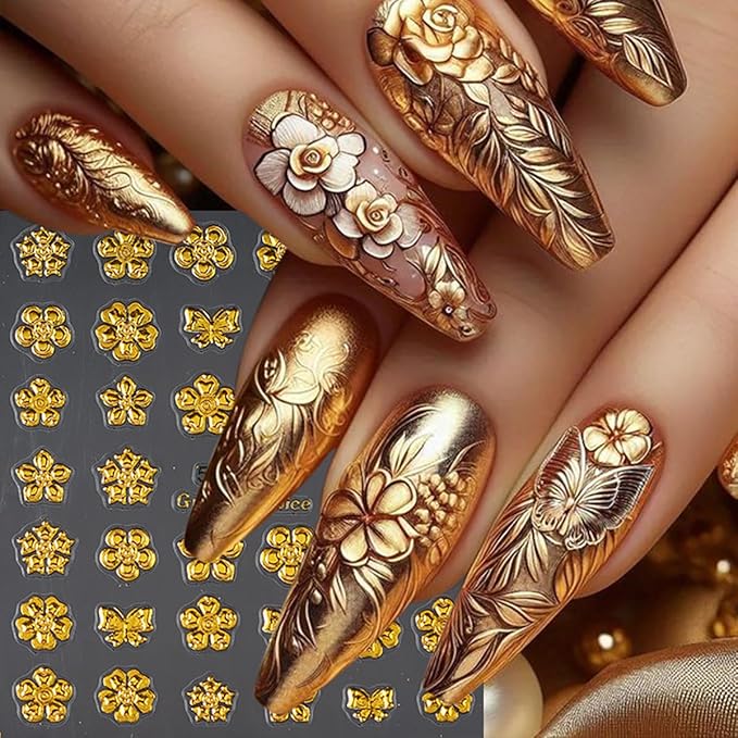 5D Gold Nail Stickers Embossed Bronzing Butterfly Flower Nails Decals Self Adhesive Retro Totem Floral Nails Design Sticker Fall Nail Art Stickers Decor for Women Acrylic Manicure Accessories 2Pcs
