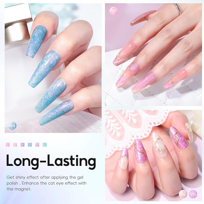 Peacecolor Cateye Gel Polish Shimmer Pearl Nail Polish with Magnet Pink Purple Blue Glitter 6 Colors Cat Eye Magnetic Nail Polish Iridescent Chrome Mermaid Drawing Swirl Shell Thread Effect DIY Gifts