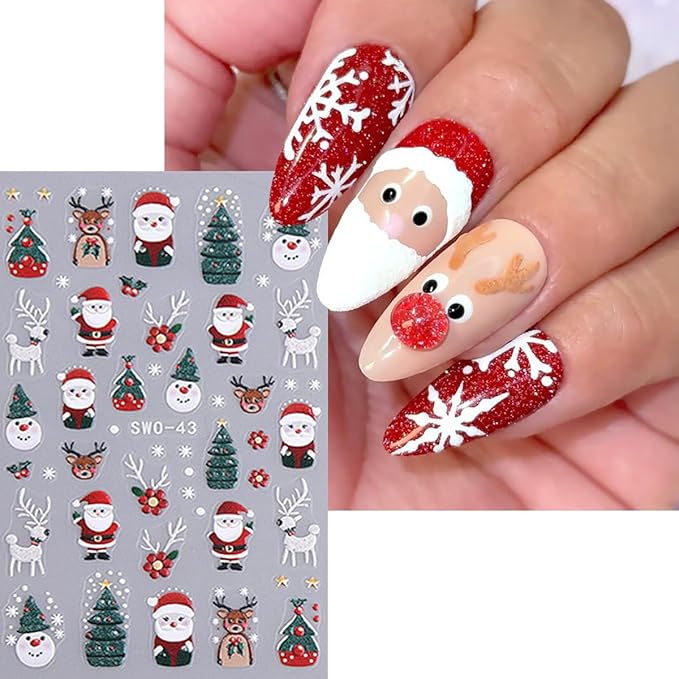8 Sheets Christmas 5D Embossed Nail Art Stickers for Nail Art Red Glitter Nail Decals Self Adhesive Snowflake Elk Gingerbread Santa Claus Nail Design Stickers Winter Holiday Nail Sticker for Women