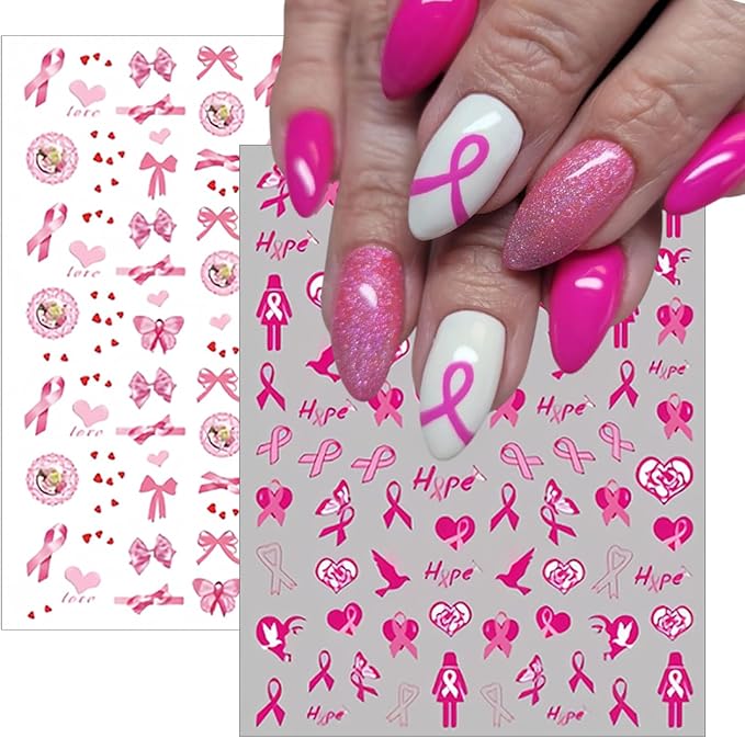 Breast Cancer Nail Art Stickers 3D Self-Adhesive Pink Ribbon Nail Stickers Heart Breast Cancer Awareness Design Nail Decals Stickers for Women Girls DIY Manicure Decoration 8Sheets