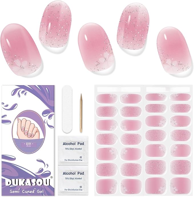 Semi Cured Gel Nails Strips - 28 pcs UV Gel Nail Stickers for Women Work with Any UV Lamp, Long Lasting Nail Wraps for Home DIY Nails Art