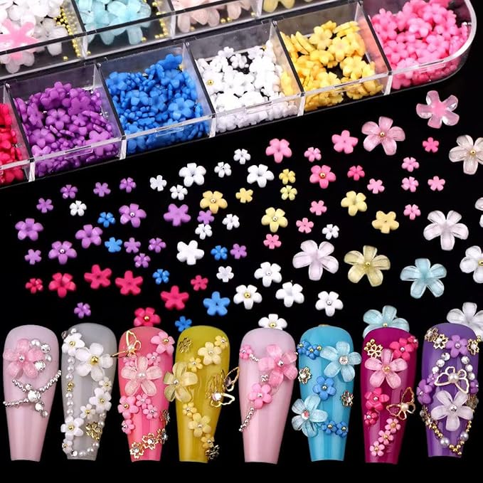 3D Colorful Flowers Nails Art Charms and Flower Nail Art Stickers 4 BoxesNail Rhinestones for Nail Art, Pearl Nail Charms and Silver Gold Caviar Beads for Nails