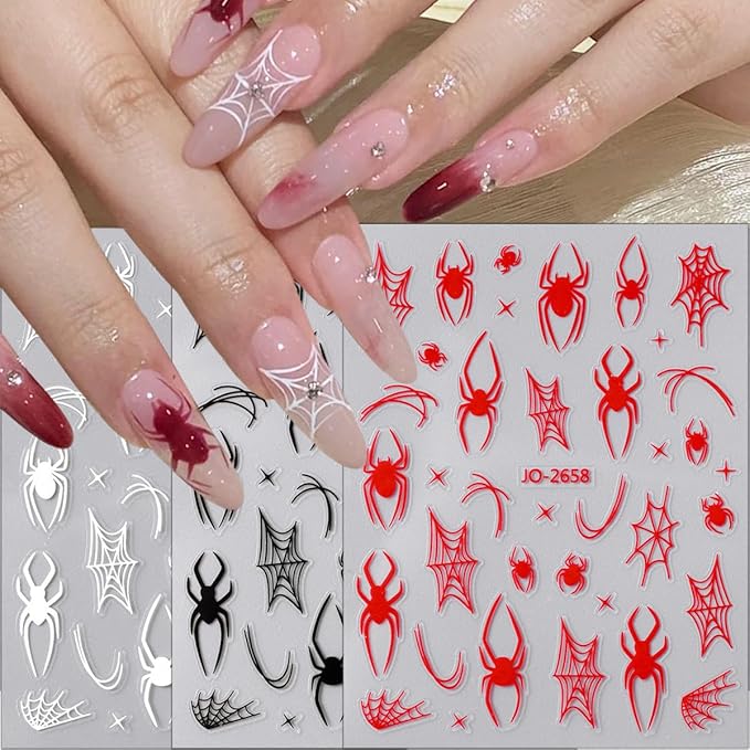 6 Sheets Halloween Spider Nail Stickers White Red Black Spider Web Nail Art Stickers 3D Self-Adhesive Horror Spiders Nail Decoration Scary Halloween Nail Decals for Women Girls Nail Art Designs