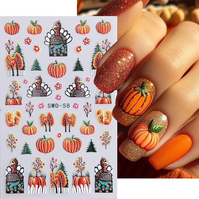 4Pcs Fall Nail Stickers 3D Pumpkin Maple Leaves Thanksgiving Nail Decals Orange Tree Nail Art Stickers 5d DIY Self Adhesive Nail Design Decoration