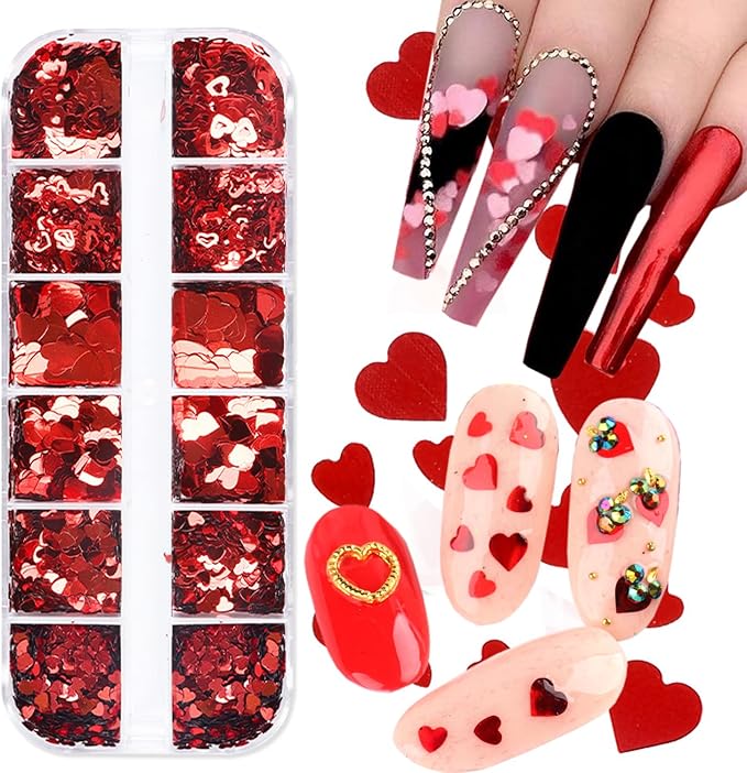 Love Heart Nail Art Glitter Sequins, 3D Laser Red Glitters Flakes Decor, Heart Nail Art Design Supplies for Women Manicure Decorations