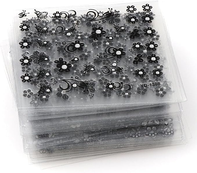 30 Sheets Black Flower Nail Art Stickers - Heart, Butterfly Design Charms - 3D Self Adhesive Nail Art Supplies for Women & Girls - Manicure Decoration Floral Nail Decals