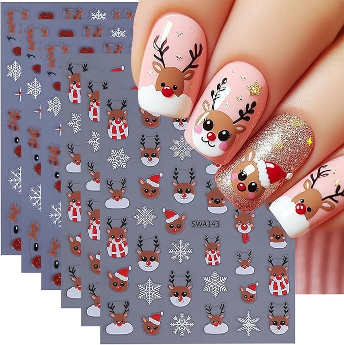 Christmas Nail Art Stickers Decals Deer Snowflake Design 3D Self-Adhesive Xmas Nail Decals Nail Art Supplies Cute Cartoon Glitter Nose Deer Snowflakes Holiday Stickers for Nails Manicure Decorations