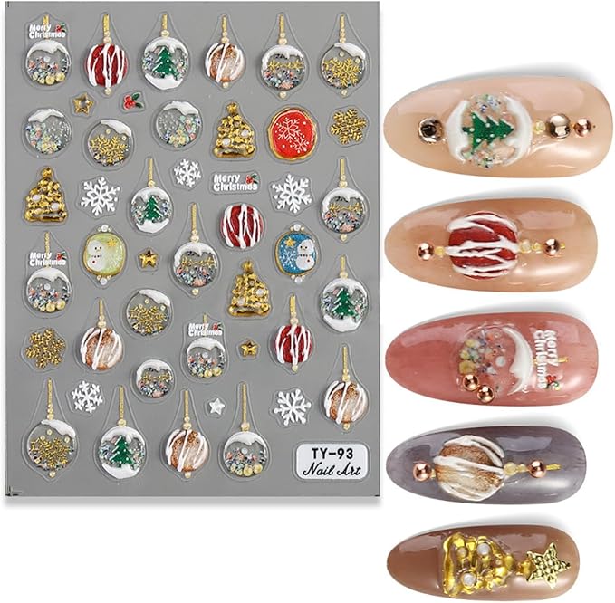 Christmas Nail Art Stickers 5D Embossed Light Balls Nail Decals with Xmas Tree Snowman Snowflakes Design Gold Glitter Nail Stickers Acrylic Nail Supplies for Women DIY Christmas Decorations 2 Sheets