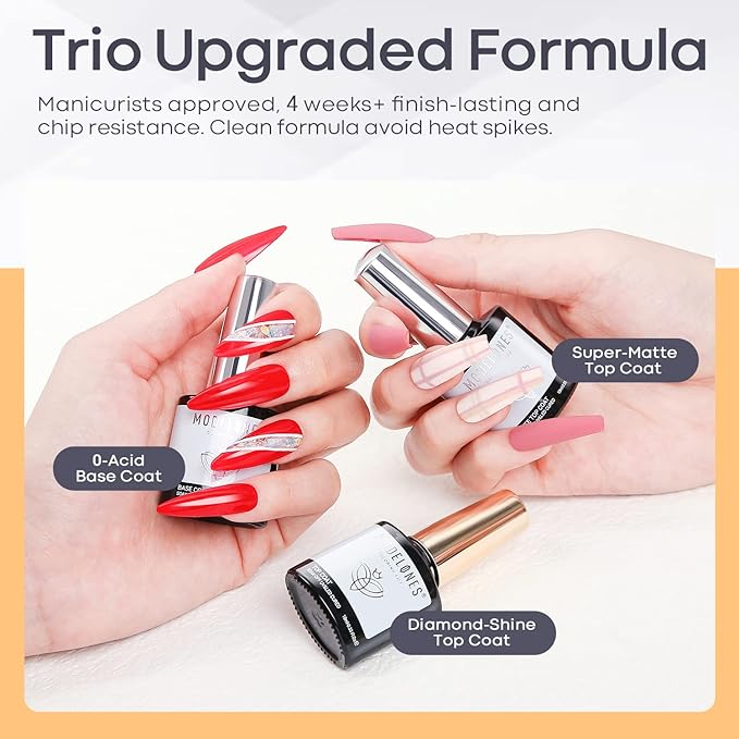modelones Gel Top Coat Base Coat for Gel Nail Polish 3 Pcs, Chrome Proof Matte Top Coat Clear No Wipe Shiny Top Coat Long Lasting High Gloss & Velvet Matte DIY Home Fall Manicure Gift for Women