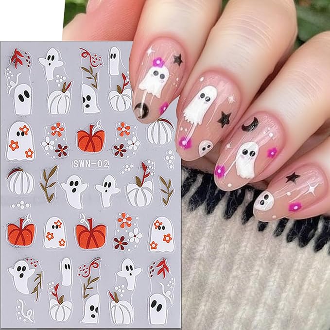 4Pcs Halloween Nail Stickers Cute Flower Ghost Nail Decals 3D Goth Spider Nail Art Stickers Mummy Bandage Pumpkin Skeleton Nail Design Sticker French Cat Halloween Nails Supplies Decoration for Women