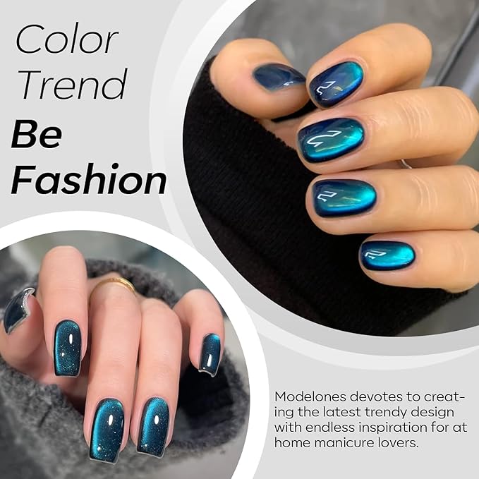 modelones Cat Eye Gel Nail Polish, 15ML Holographic 9D Glass Blue Cat Eye Glitter Multichrome Polish Peacock Blue Nail Polish with Magnet Soak Off Led Mani Top Coat Nail Art Gel DIY Salon Gift