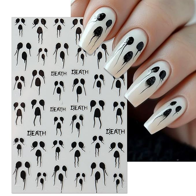 Halloween Horror Nail Stickers, Death Terrifying Face Butterflies Skull Self-Adhesive 3D Nail Art Decals for DIY Black Spider Web Manicure (6 Sheets)