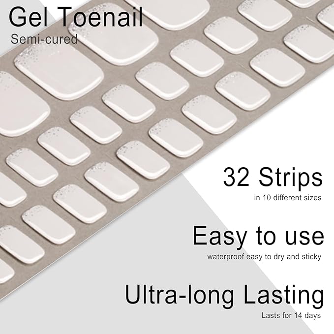 Semi Cured Gel Toenail Strips, 32 Silver White Gel Toenail Stickers - Works with Any UV Lamps Pedicure Strips Full Nail Wraps with Nail File & Wood Stick