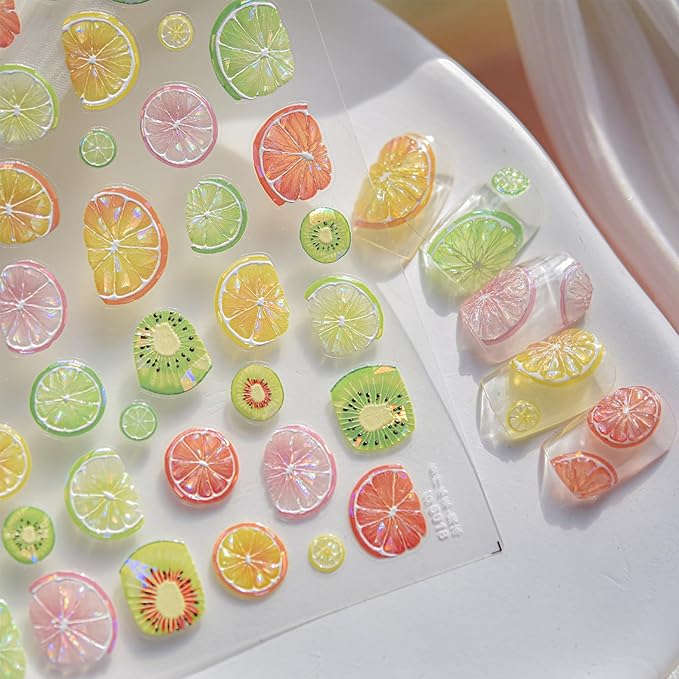 5D Embossed Colorful Fruit Nail Art Stickers Decals Summer Nail Stickers Self-Adhesive Orange Lemon Grapefruit Kiwifruit Exquisite Design Summer Nails Sticker Manicure Supplies for Women DIY Nails