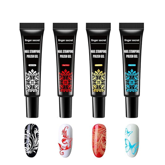 Nail Stamping Gel Polish Kit - 4 Colors (White, Red, Gold, Blue) - Gel Nail Art Set with UV Lamp