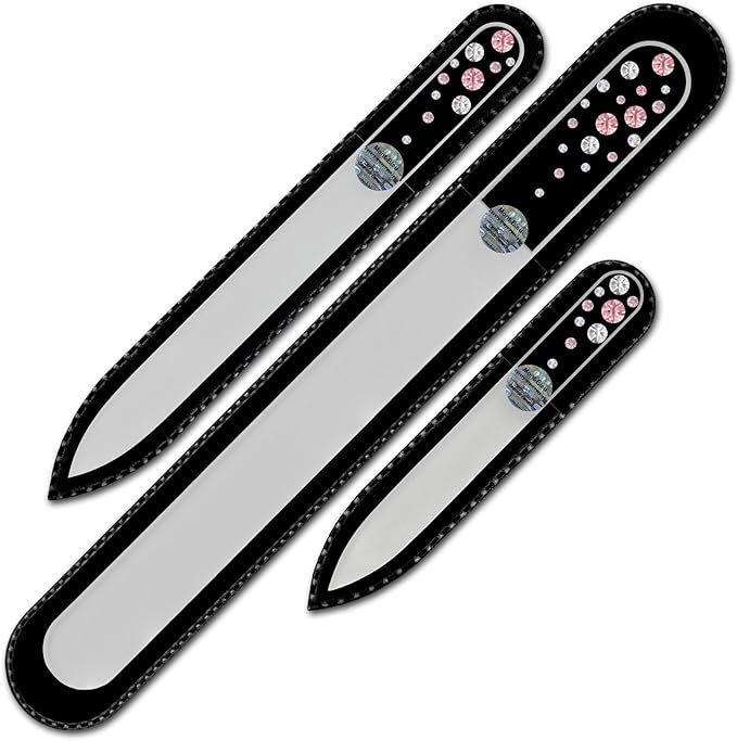 Mont Bleu Set of 3 Glass Nail Files Hand Decorated with Crystals - Handmade - Czech Tempered Glass