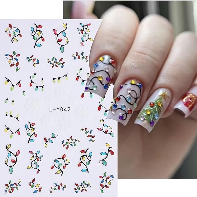 6PCS Christmas Nail Art Stickers Luminous Christmas Nail Decals Xmas Tree Light String Nail Art Supplies 3D Self-Adhesive Nail Stickers Colorful Light Nails Accessories for Women Xmas Nails Decoration