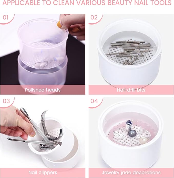 Nail Art Tools Cleaner Storage Box Nail Drill Bits Clipper Cutter Alcohol Soaking Cleaner Tweezers Accessories Clean Nail Tools (Pink)