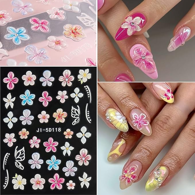 5D Embossed Flower Nail Stickers, 5PCS Colorful Floral Nail Art Stickers Pink Cherry Blossom Hibiscus Daisy Nail Decals Self-Adhesive Pegatinas para Uñas Spring Summer Decoration