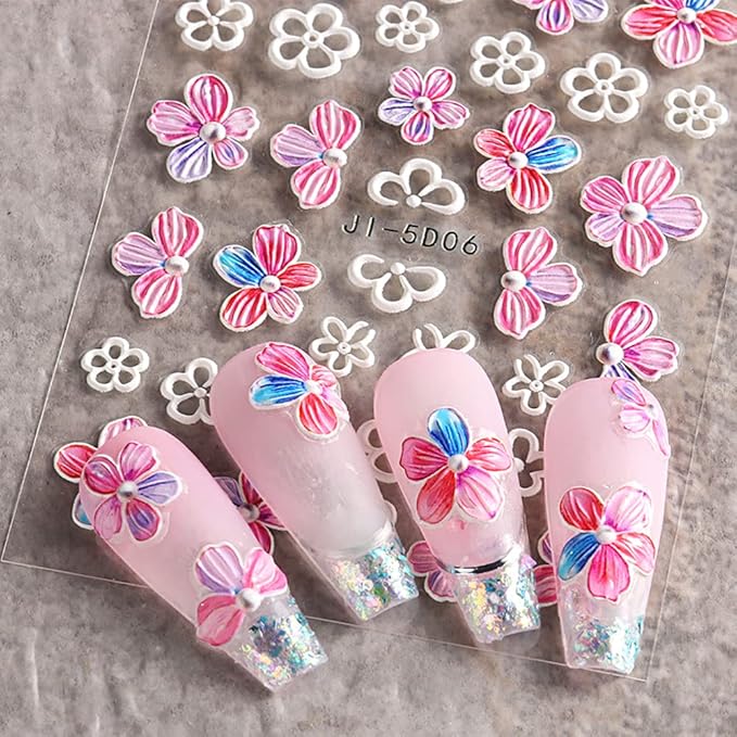 5D Nail Art Stickers 4 Sheets Pink Flowers Geometric Lines Decor Acrylic Embossed Sliders Gold Strips Decals Charms Cherry Blossom Manicure Accessories