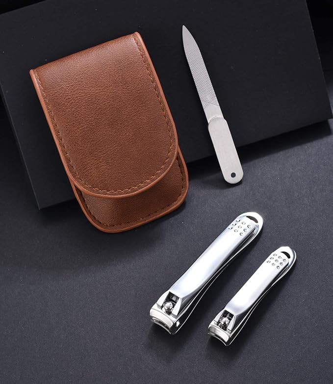 Nail Clipper Set - Stainless Steel Fingernail Clippers Toenail Curved Blades Nail Cutter and Nail File w/PU Sheath for Men Women