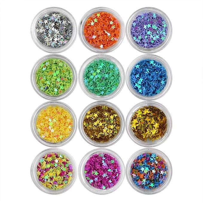 Nail Art Glitter Sequins Five Star Acrylic UV Gel False Tips Decoration 12 Pots
