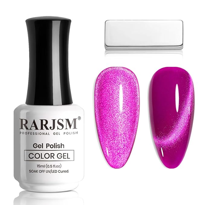 RARJSM Cat Eye Gel Polish Fuchsia Purple Pink 15ml 9D Cateye Silver Glitter Galaxy Universal Velvet Effect Ice Gel Nail Polish with Magnetic Stick UV LED Curing Require Soak Off DIY Home Salon