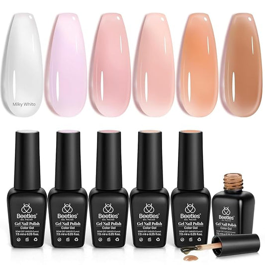 Beetles Jelly Gel Nail Polish Set, 6 Colors Milky White Nude Pink Brown Sheer Gel Polish Kit Nail Concealer Translucent Effect Soak Off Uv French Nail Art Gift for Women Ultimate Monochrome Collection