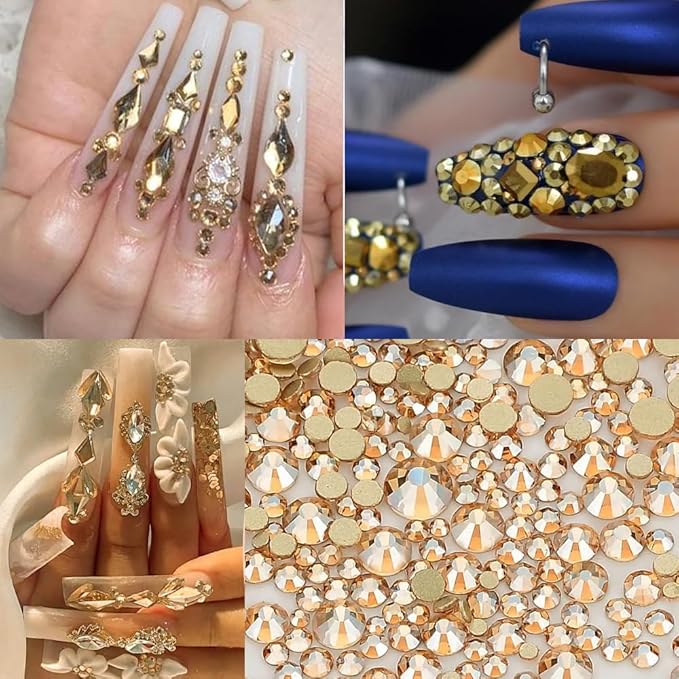 3600Pcs Champagne Gold Nail Rhinestones, MultiShapes Flatback Crystal Gems Stones, 1.5-4mm Half-Round Bedazzling Beads, Glass Diamond Jewels for DIY Nails Bling Decoration