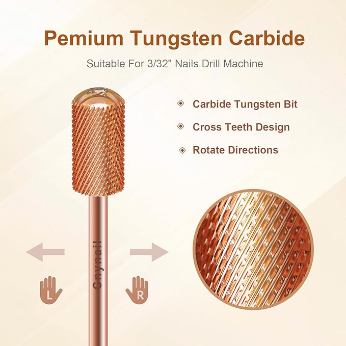 3/32" Large Barrel Smooth Round Top Tungsten Carbide Nail Drill Bit Safety Bit for Gel & Acrylic Removal, 2-Way Rotating Efile Tip, Salon Electric File Accessory (M Grit, Rose Gold)