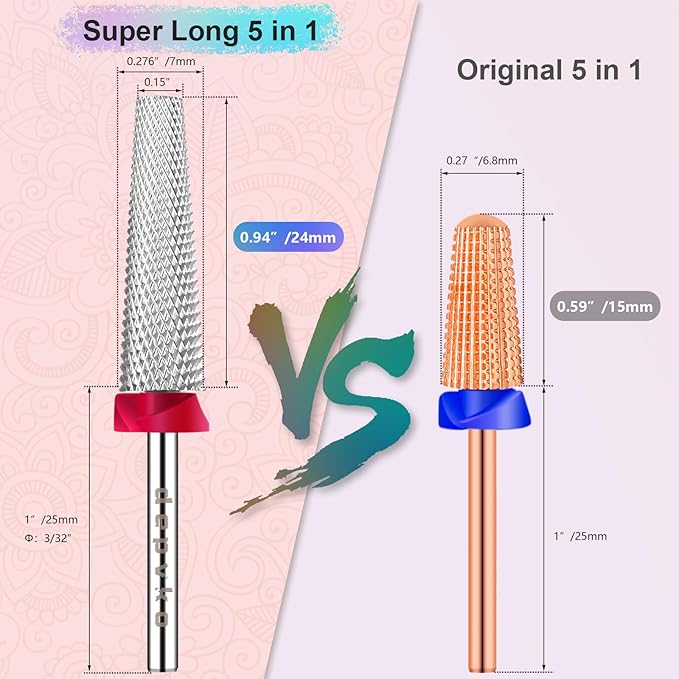 Depvko Super Long 5 in 1 Nail Drill Bits, 3/32'' Carbide Tungsten Bits, Two Way Rotate Professional Advanced Safety Bits for Nail, Fast Remove for Manicure Pedicure (Long 5in1-Silver, Fine-F)
