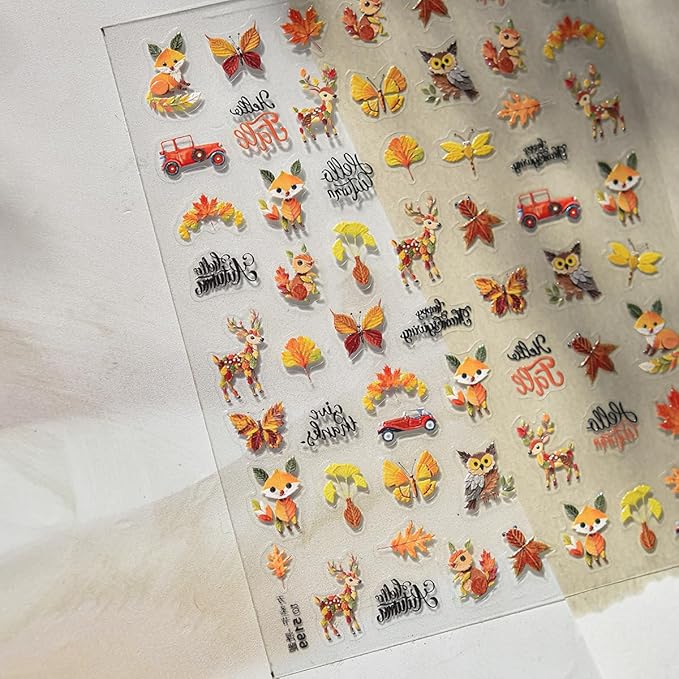 Fall 5D Embossed Nail Art Stickers Decals Thanksgiving Nail Decals Cute Squirrel Owl Butterfly Dragonfly Design Nails Art Supplies Self-Adhesive Autumn Leaves Nails Stickers for Women Manicure Decor