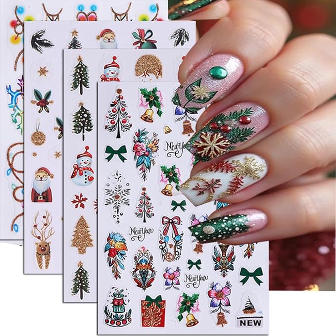4Pcs Christmas Nail Stickers Santa Claus Snowman Nail Decals DIY Self Adhesive Christmas Tree Poinsettia Flowers Colored Lights Design Nail Decoration Supplies Holiday Manicure Accessories for Women
