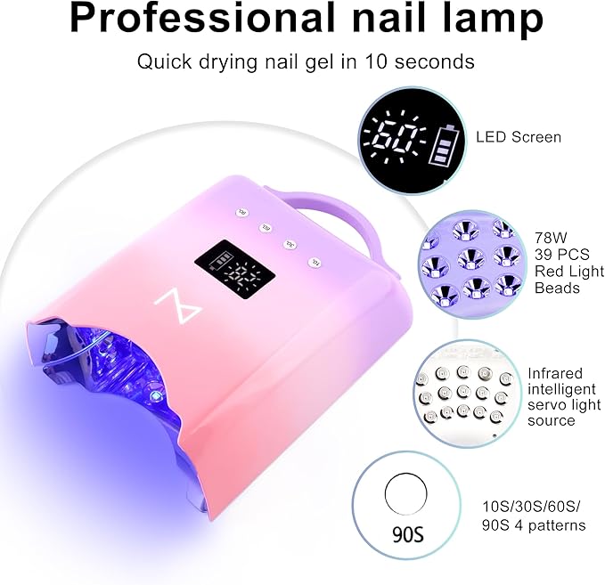 M - NEO Cordless & Rechargeable Nail Curing Lamp 78W with 4 LCD Time Display Timer, Auto Sensor, and Spacious Interior for All Hand Sizes and Nail Lengths (Pink)