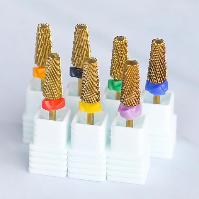 Professional 5 in 1 Tapered Nail Drill Bits, 3/32'' Safety Tungsten Carbide Bits, Remove Gel Fast Left & Right Hand Use, Easy for Beginner, Technicians Bits, Gold, Fine.