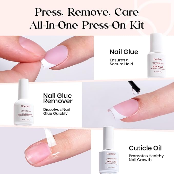 Beetles X Press Plus Gel Nails Kit - Peach French | Pink Extra Short Square French Tip Press On Nails | 210Pcs 15 Sizes All-in-One Kit With Nail Glue,Remover,Builder Top Coat,Nail Lamp Gift For Women