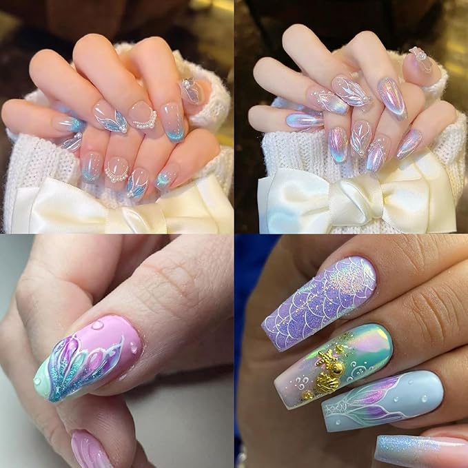3 Sheets Summer Nail Art Stickers Ocean Style 5D Embossed Fantasy Mermaid Tail Ocean Wave Fishtail Shell Starfish Design Stickers Suitable for Women and Girls Nail Art Decoration