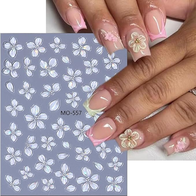4Pcs Flower Nail Art Stickers 5D Embossed Blue White Purple Green Flower Nail Decals Holographic Spring Floral Nail Stickers Self Adhesive Summer Cute Nail Supplies Decor for Women DIY Acrylic Nails