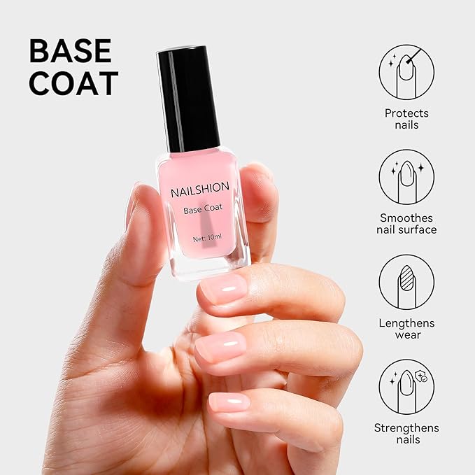 Clear Pink Base Top Coat Clear Nail Polish, Sheer Pink Base Ridge Filler Strengthening Anti Chip Nail Concealer, Non Gel, Salon Quality, Quick Dry Home DIY Nail Art Gift Set