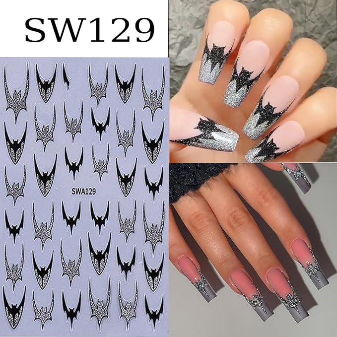 6 Sheets Halloween Nail Art Stickers 3D Self -Adhesive Bat Nail Decals Holographic Hot Stamping Gold Silver Bat Nail Stickers Halloween French Nail Decoration for Women Manicure Supplies