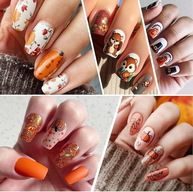 8 Sheets Fall Nail Stickers for Nail Art 3D Self-Adhesive Exquisite Maple Leaf Pumpkin Nail Decals Cute Fox Turkey Nail Design Stickers Thanksgiving Holiday Nails Art Supply for Women Acrylic Manicure