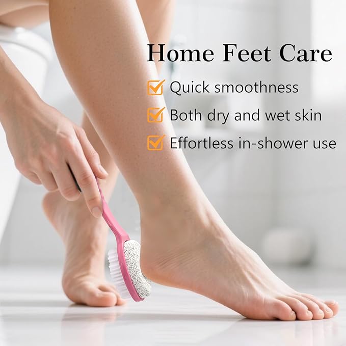 Foot Callus Remover, Double-Sided Pumice Stone Brush for Feet, 3 Pack Foot File Scrubber for Home Feet Care, Multi Purpose Pedicure Tools with Handle for Dead Skin Remover, Rose Pink