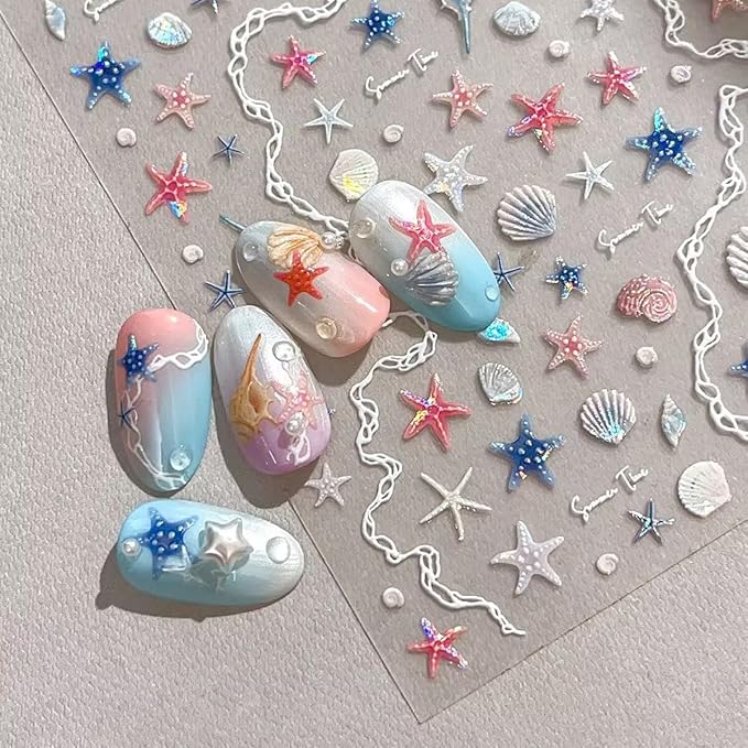 2 Sheet Summer Ocean Theme Nail Art Stickers Extra Shiny Shell Light 5D Shell Starfish for Nails Stickers Decals Gold Silver Star Jellyfish Self-Adhesive Design Nail Supplies for Women Manicure Decor