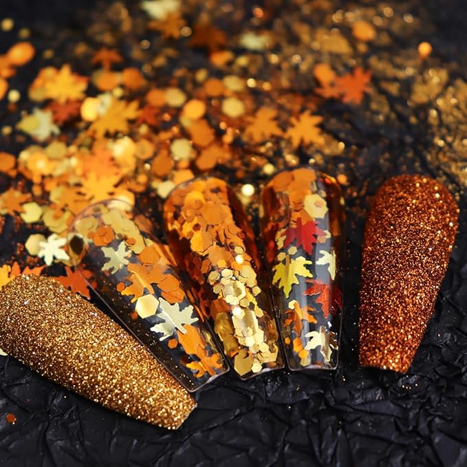 Golden Fall Nail Art Glitters Maple Leaf Nail Sequins Autumn Leaves Nail Decoration Accessories 3D Maple Leaves Nail Decals Professional Fall Nail Designs for Women Manicure DIY 6 Jars