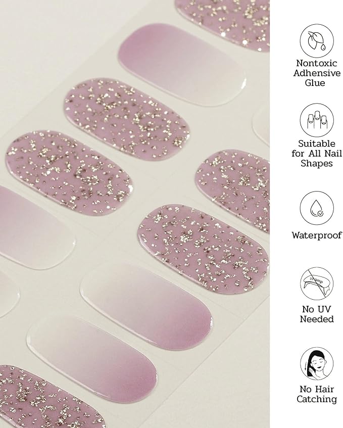 Nail Polish Strips - 22 Pcs Salon Quality Gel Nail Stickers - Long Lasting Wraps (Dancing Queen Eggplant Glitter)