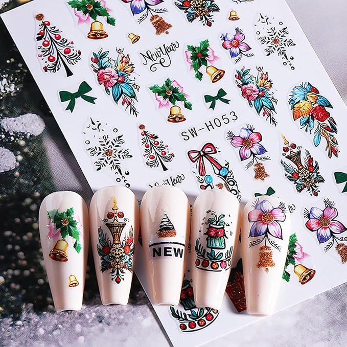 3 Sheets Christmas Nail Art Stickers Flower Nail Decals with Xmas Tree Elk Colored Light Snowflakes Design 3D Self-Adhesive Nail Stickers Acrylic Nail Supplies for Women DIY Christmas Decorations