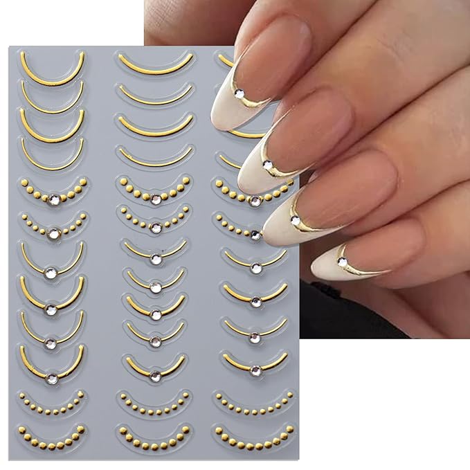Rhinestone Studded French Line Nail Art Stickers - Shiny Gold Self-Adhesive Multiple Thicknesses and Radians Stripes, Curved Stripes Nail Decals, French Tips Guides for DIY Manicure (5 Sheets)