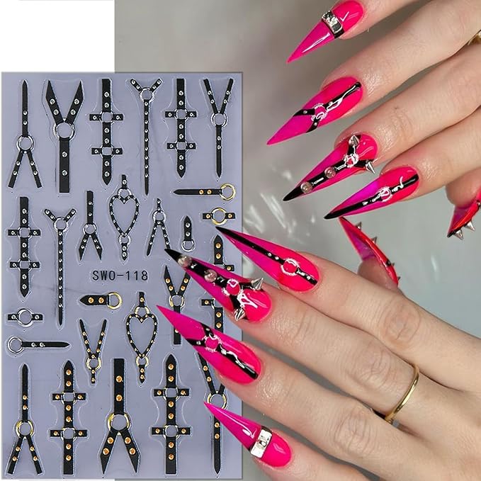 2 Sheets Gothic Nail Stickers for Nail Art Black Punk Belt Nail Design Decals Embossed Gold Silver Rivet Belt Nail Art Stickers 5D Self-Adhesive Halloween Nail Decals for Women DIY Manicure Supplies