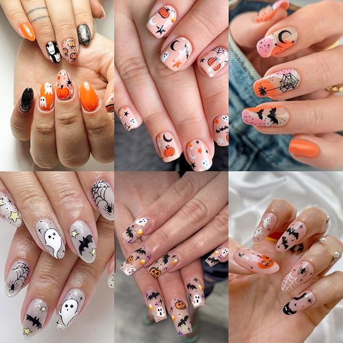4Pcs Halloween Nail Art Stickers 3D Self Adhesive Cute Spider Ghost Nails Decals Bat Spider Web Maple Leaf Pumpkin Design Fall Nail Stickers Holiday Nails Supplies for Women Halloween Manicure Decor