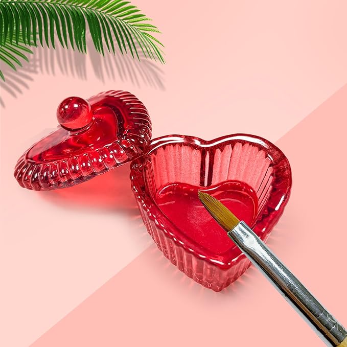 Crystal Sweet Heart Shape Acrylic Liquid Powder Glass Dappen Dish Glass Cup w Cap Lid Bowl for Acrylic Nail Art Transparent Kit (HJ-NAPB073-Red-2pcs)